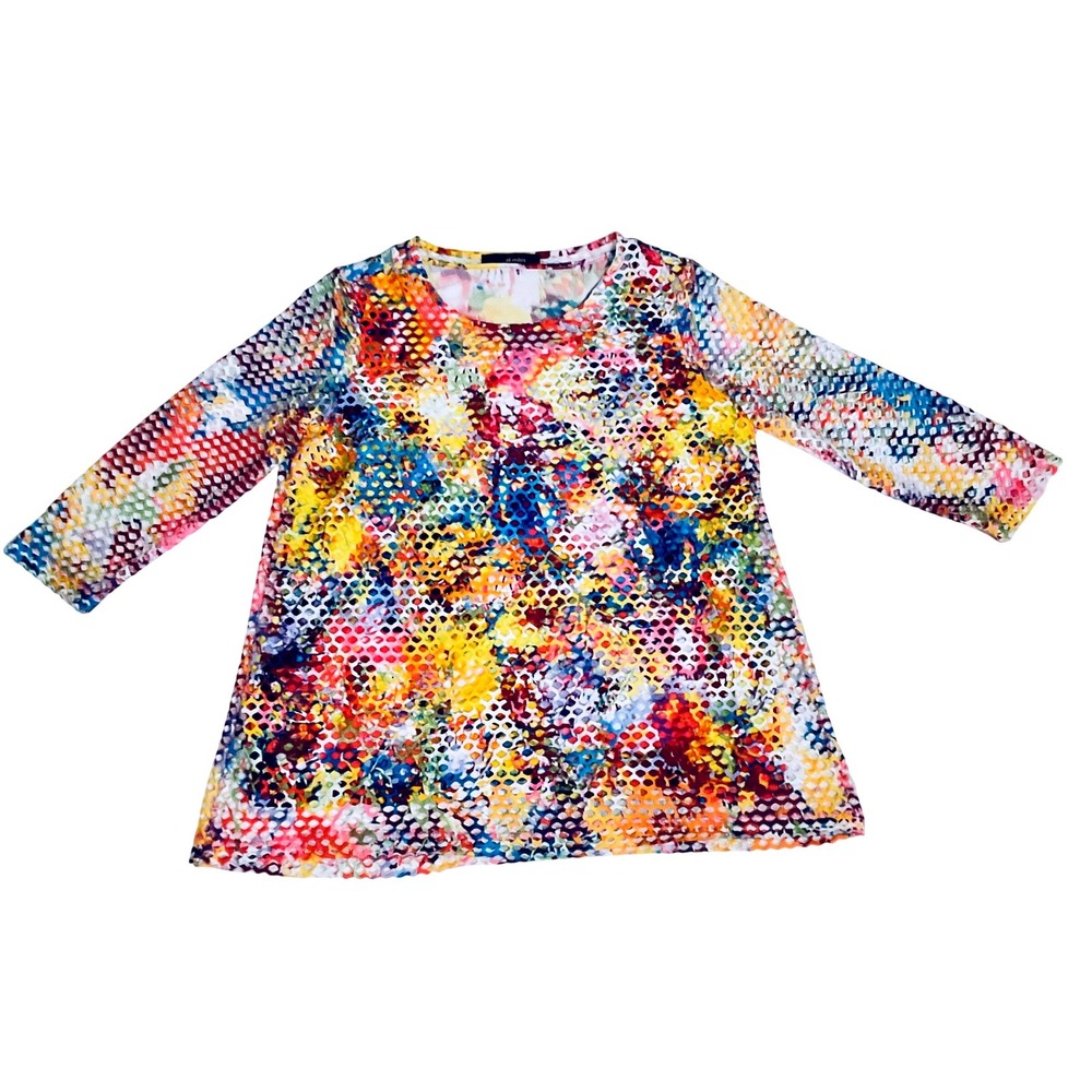 Ali Miles Tunic Top Shirt Blouse 3/4 Sleeve Colorful Mesh Overlay M